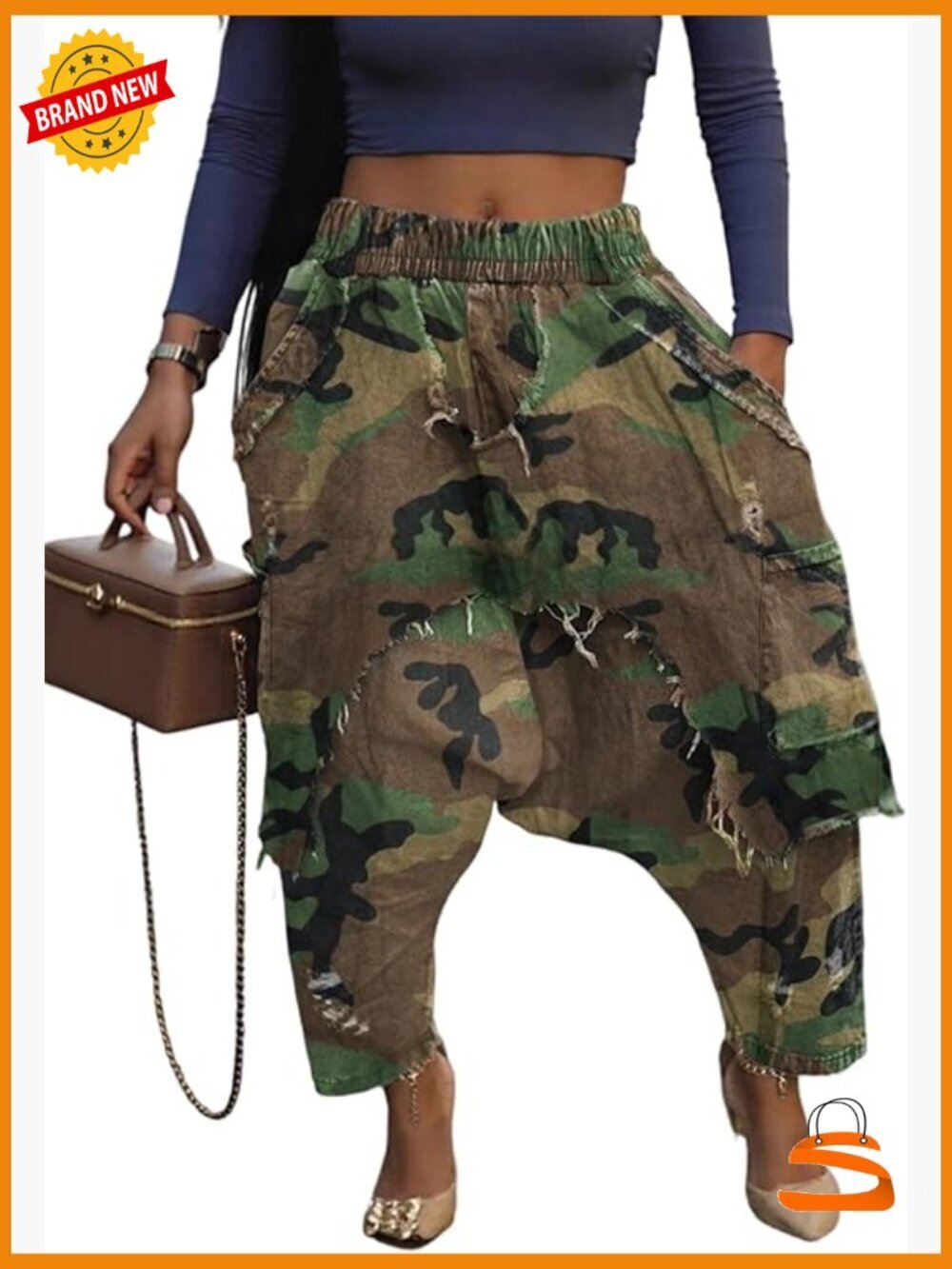 Baggy Harem Jeans Elastic Waist Wide Leg Cargo Patchwork Ripped Hippie Cropped